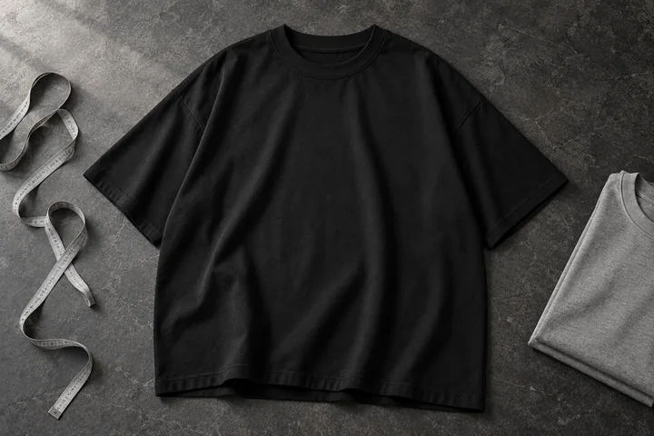 Blank black oversized T-shirt laid flat on charcoal stone beside a gray measuring tape and folded tee