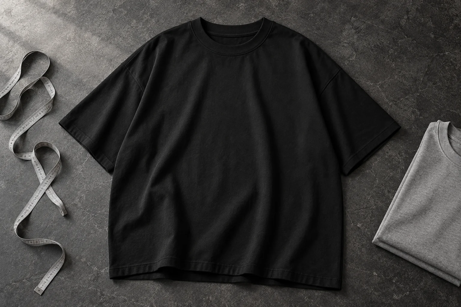 Blank black oversized T-shirt laid flat on charcoal stone beside a gray measuring tape and folded tee