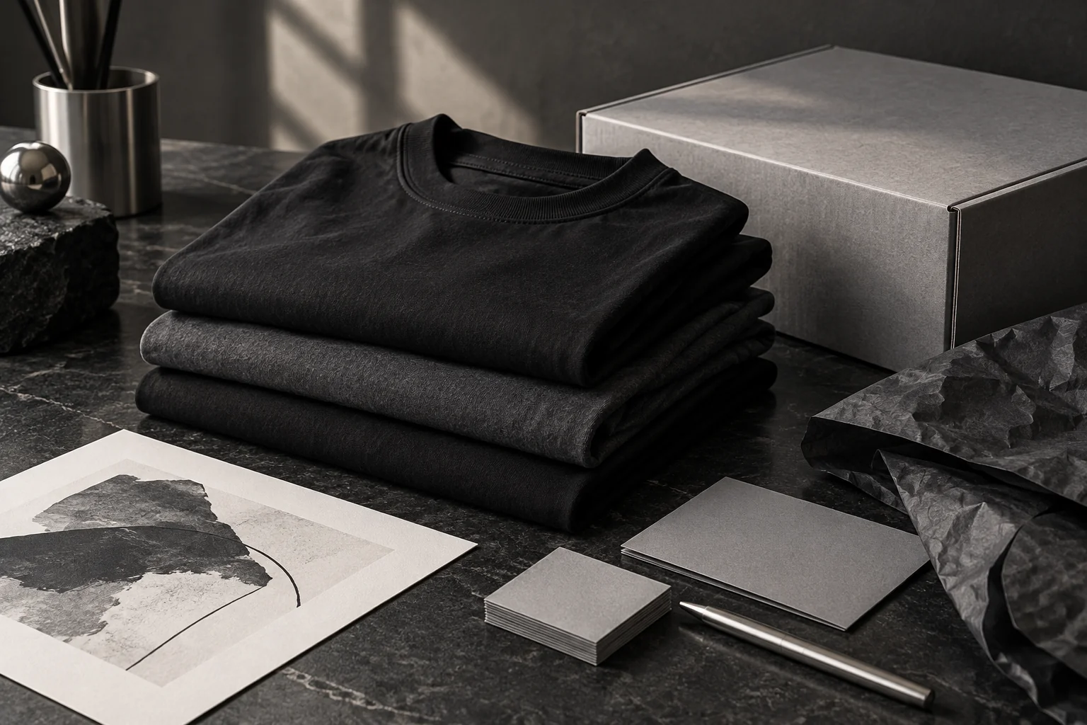 Folded black and charcoal T-shirts with a plain gray box and monochrome brand-planning materials