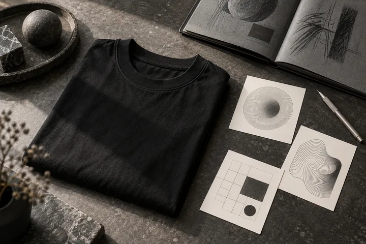 Black oversized tee beside abstract concept cards, a charcoal sketchbook and a silver pencil