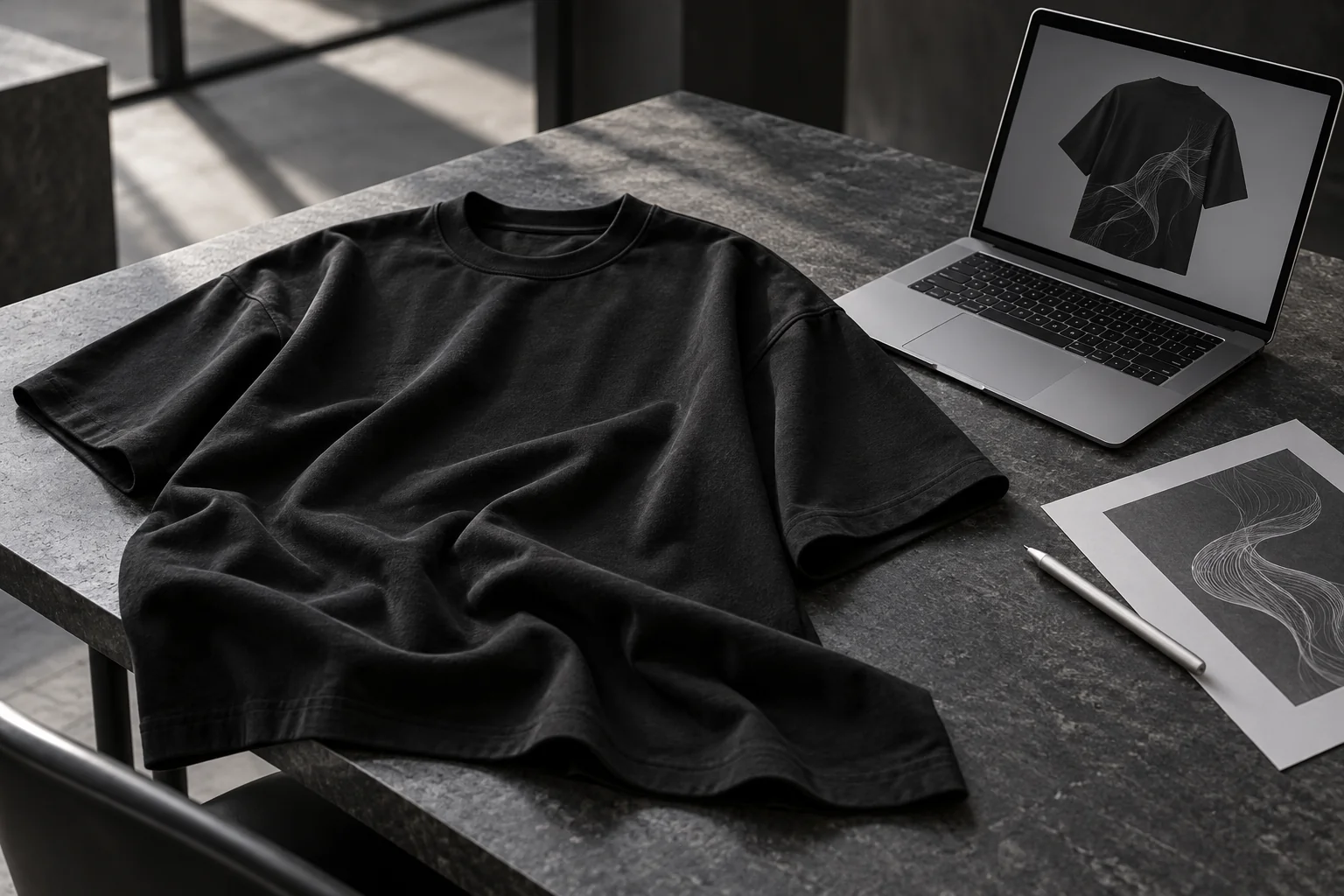 Black oversized T-shirt beside a laptop and monochrome artwork on a gray design desk