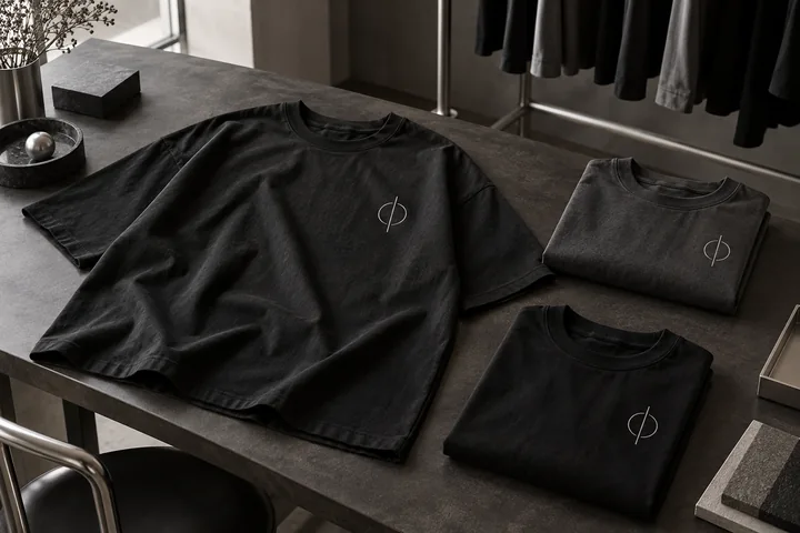 Black and charcoal oversized T-shirts with matching small off-white emblems arranged as team apparel