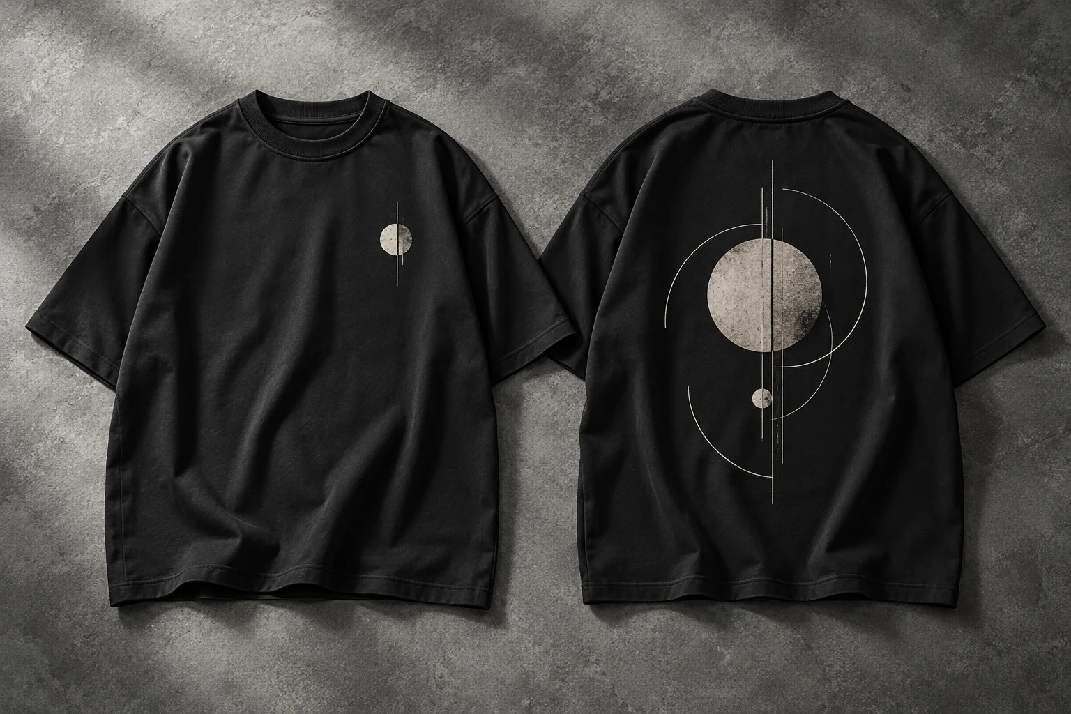 Front and back black T-shirts with coordinated small and large geometric print placements