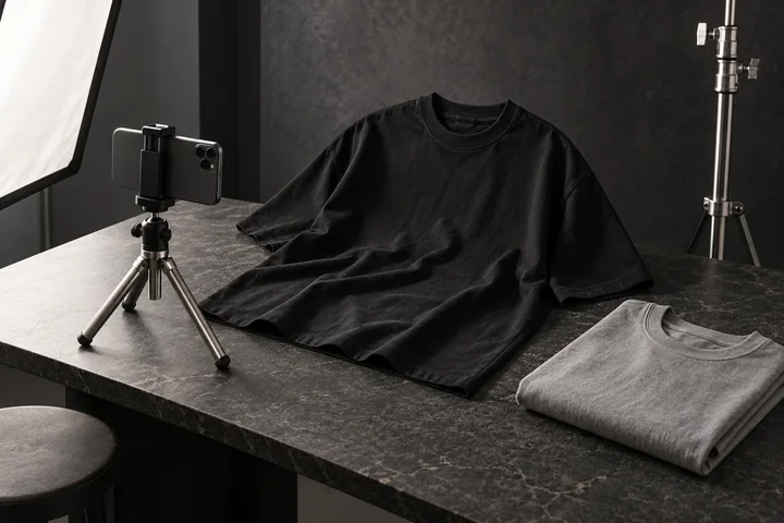 Black oversized T-shirt and folded gray tee arranged for a content shoot with a phone on a silver tripod