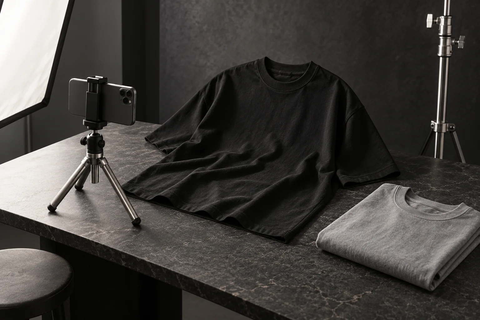 Black oversized T-shirt and folded gray tee arranged for a content shoot with a phone on a silver tripod