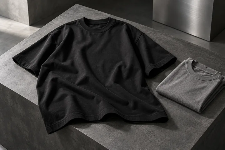 Black oversized T-shirt and folded gray tee arranged on a charcoal stone surface