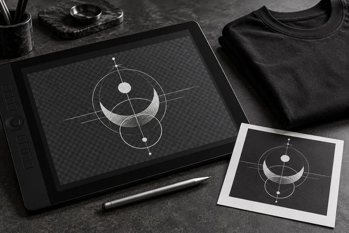 Drawing tablet displaying geometric artwork beside a black T-shirt and a monochrome proof