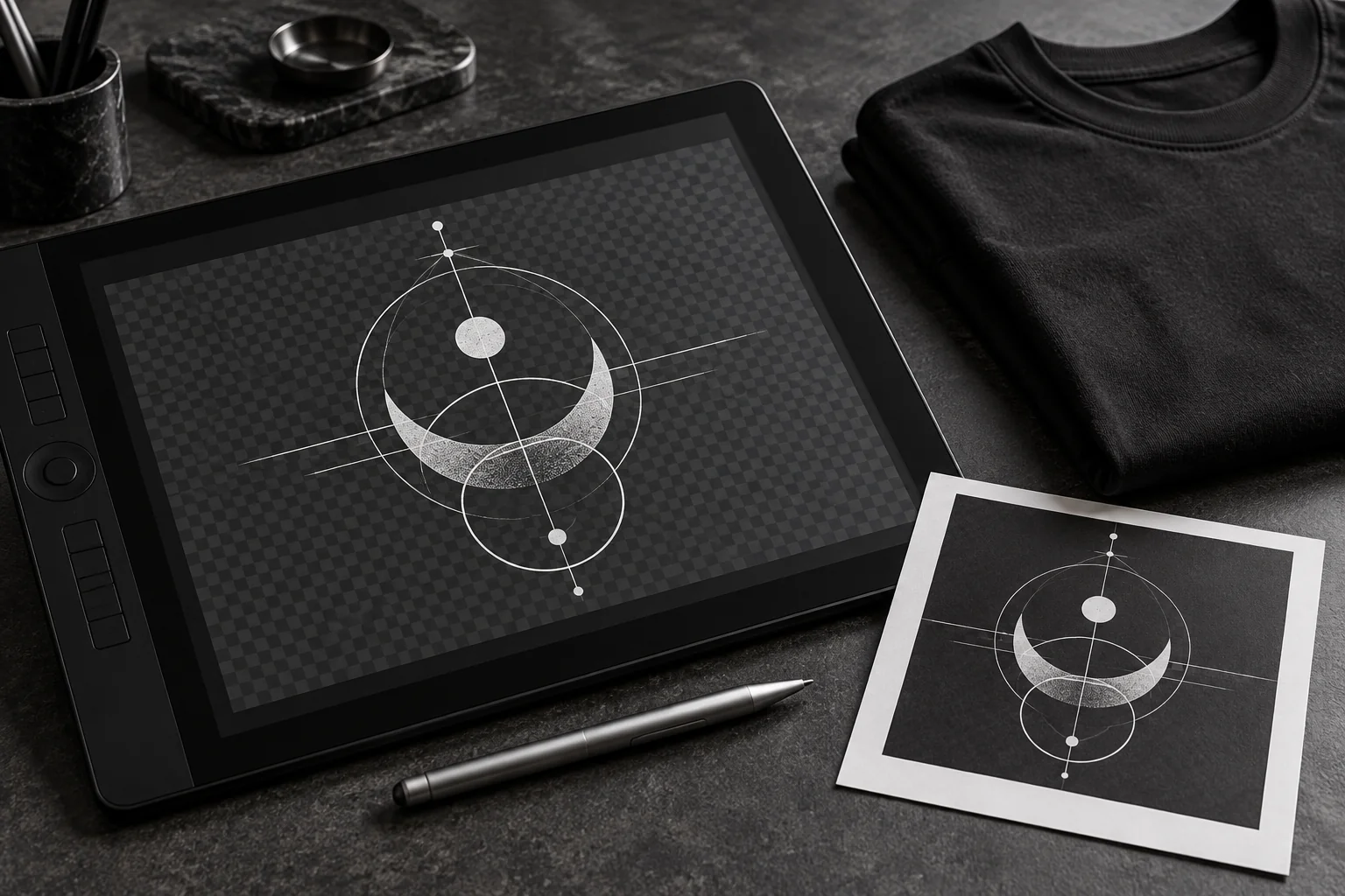 Drawing tablet displaying geometric artwork beside a black T-shirt and a monochrome proof