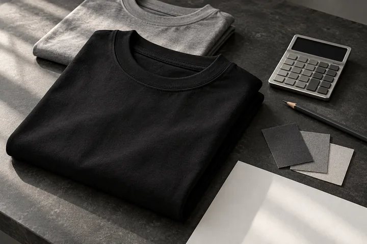 Folded black and gray oversized T-shirts beside a silver calculator and blank order-planning paper