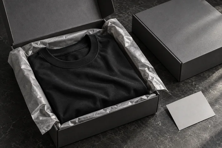 Black T-shirt folded in a plain gray shipping box with silver tissue and a blank card