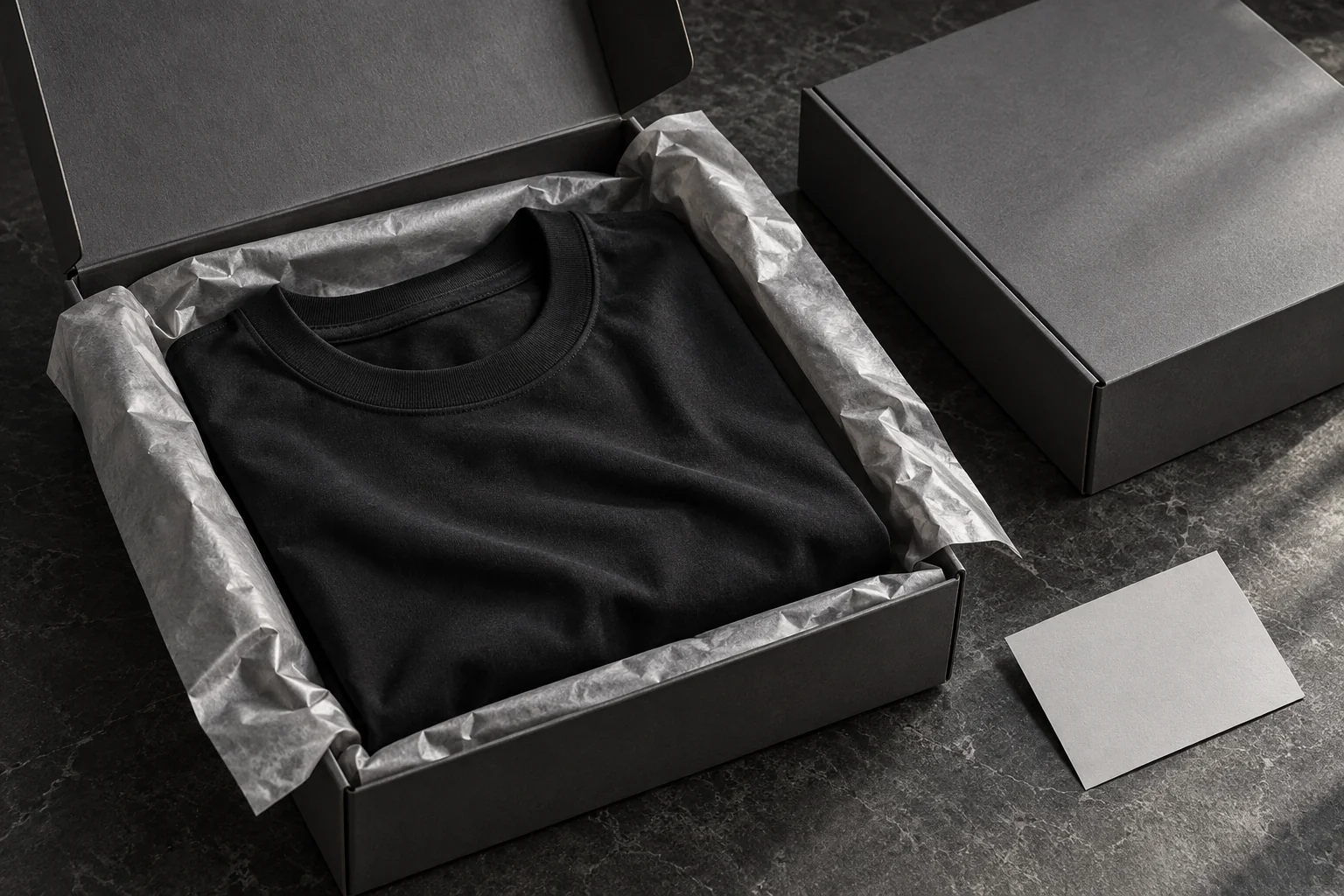 Black T-shirt folded in a plain gray shipping box with silver tissue and a blank card