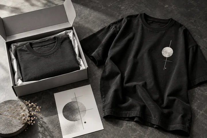 Custom black tee with an original abstract mark beside a plain carton holding a folded charcoal shirt